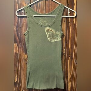 Roxy Olive Green Tank Top with Heart Design Size Small Vintage Studded Y2K